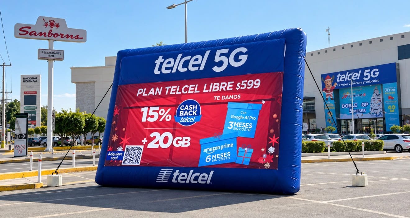 Pantalla inflable publicitaria de Telcel 5G instalada en el estacionamiento de una plaza comercial