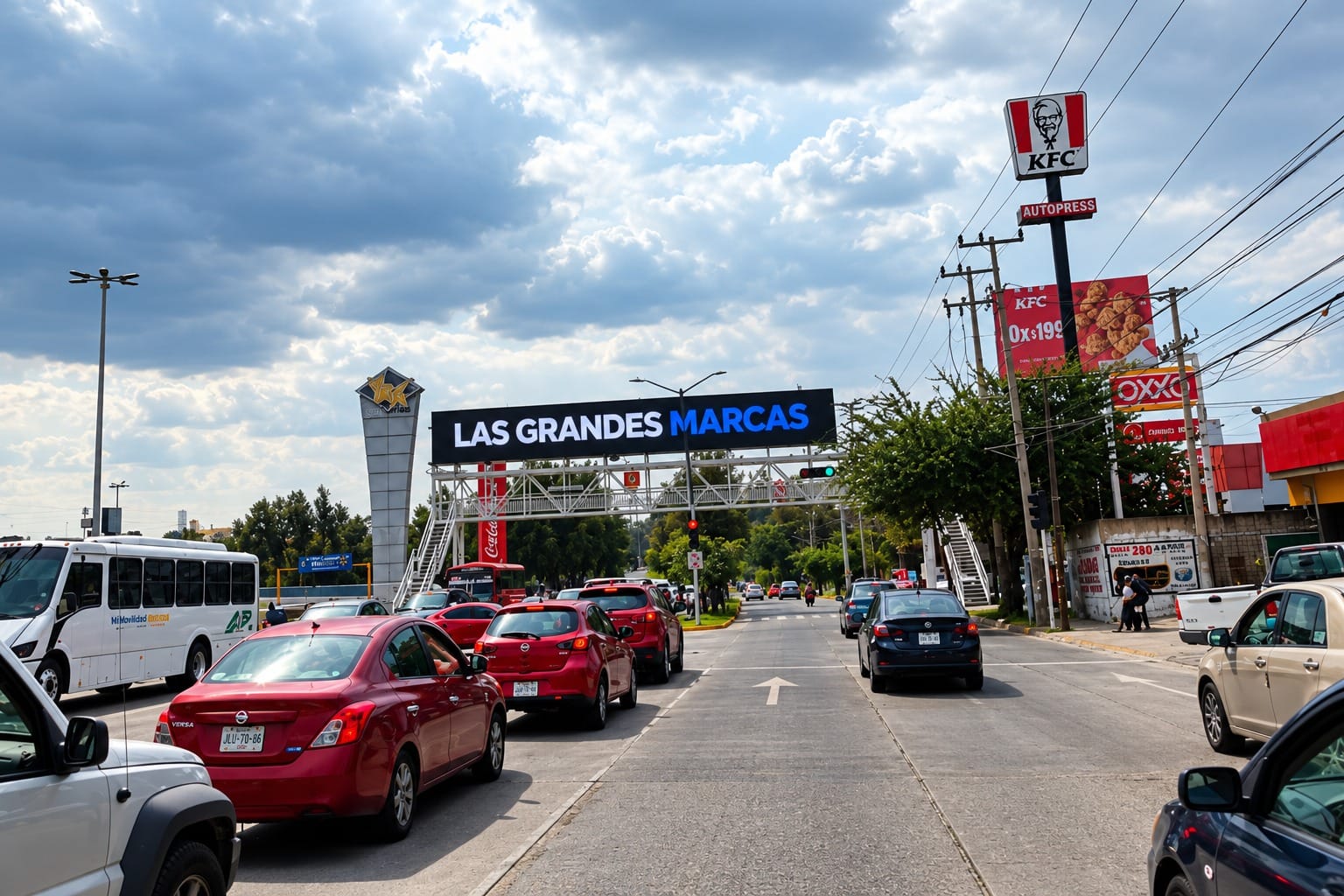 Puente peatonal con anuncio publicitario sobre una avenida con tránsito