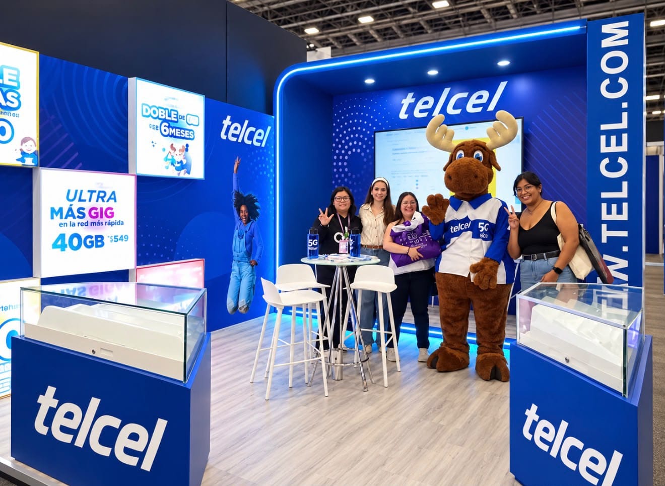 Stand de Telcel en una expo con su botarga y visitantes